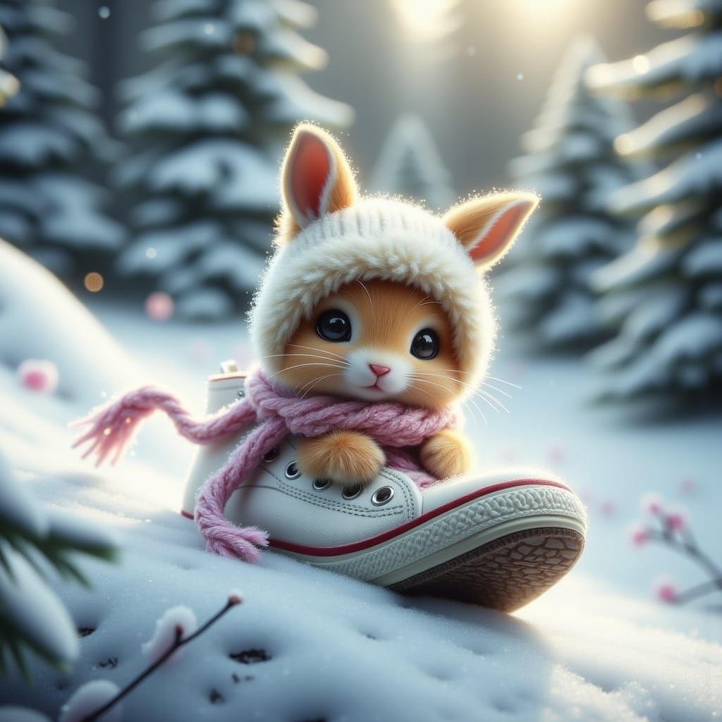 Whimsical Baby Bunny in a Snowy Hillside Scene