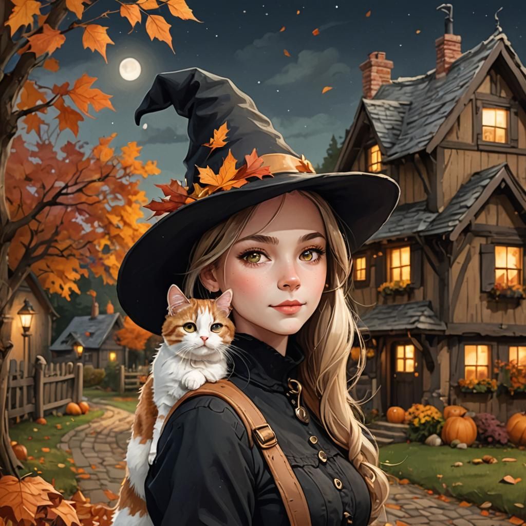 Charming Witch Portrait with Cat in Cartoon Style