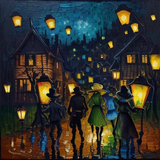 Children's Night Treasure Hunt in Neo-Impressionism Style