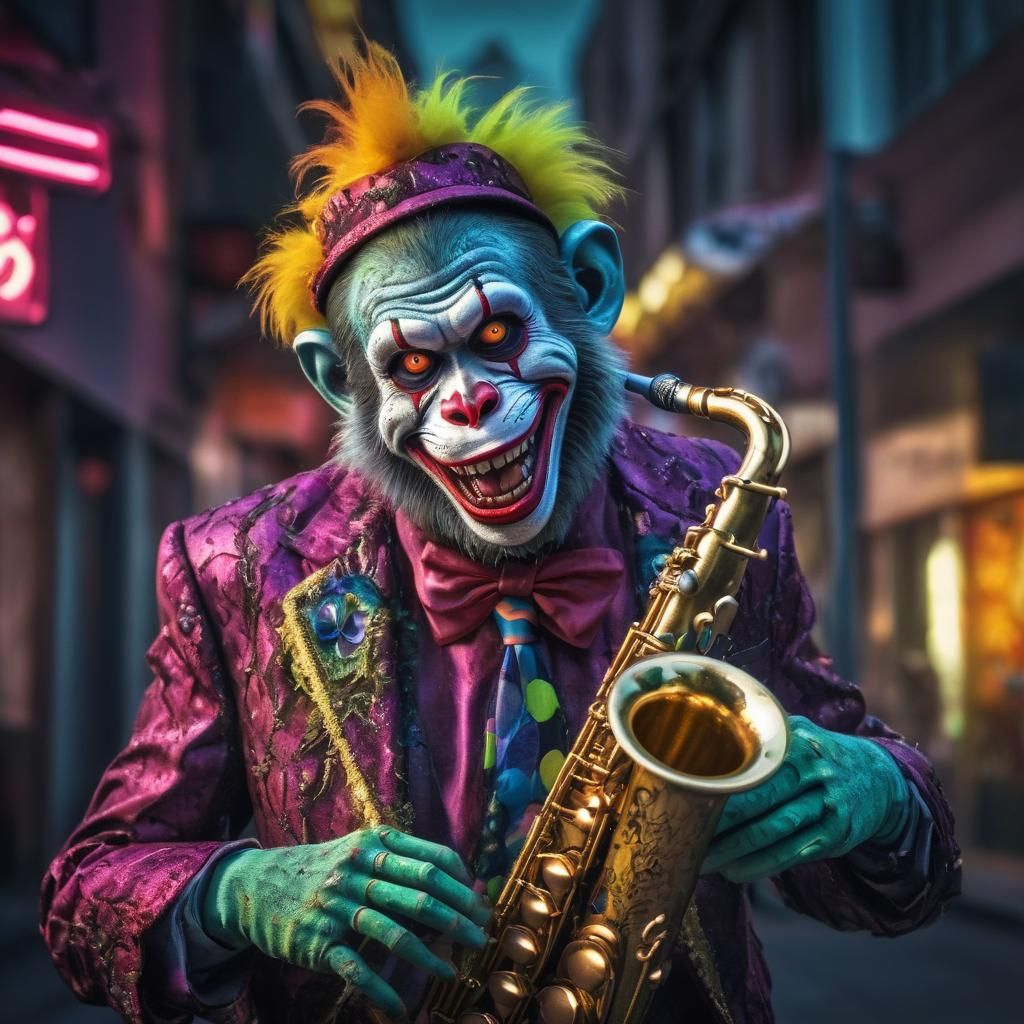 Hyperrealistic Zombie Monkey Clown Plays Saxophone