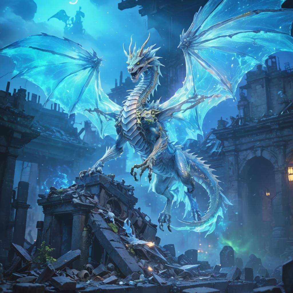 Ethereal Anime Dragon Ghost on Ancient Ruins