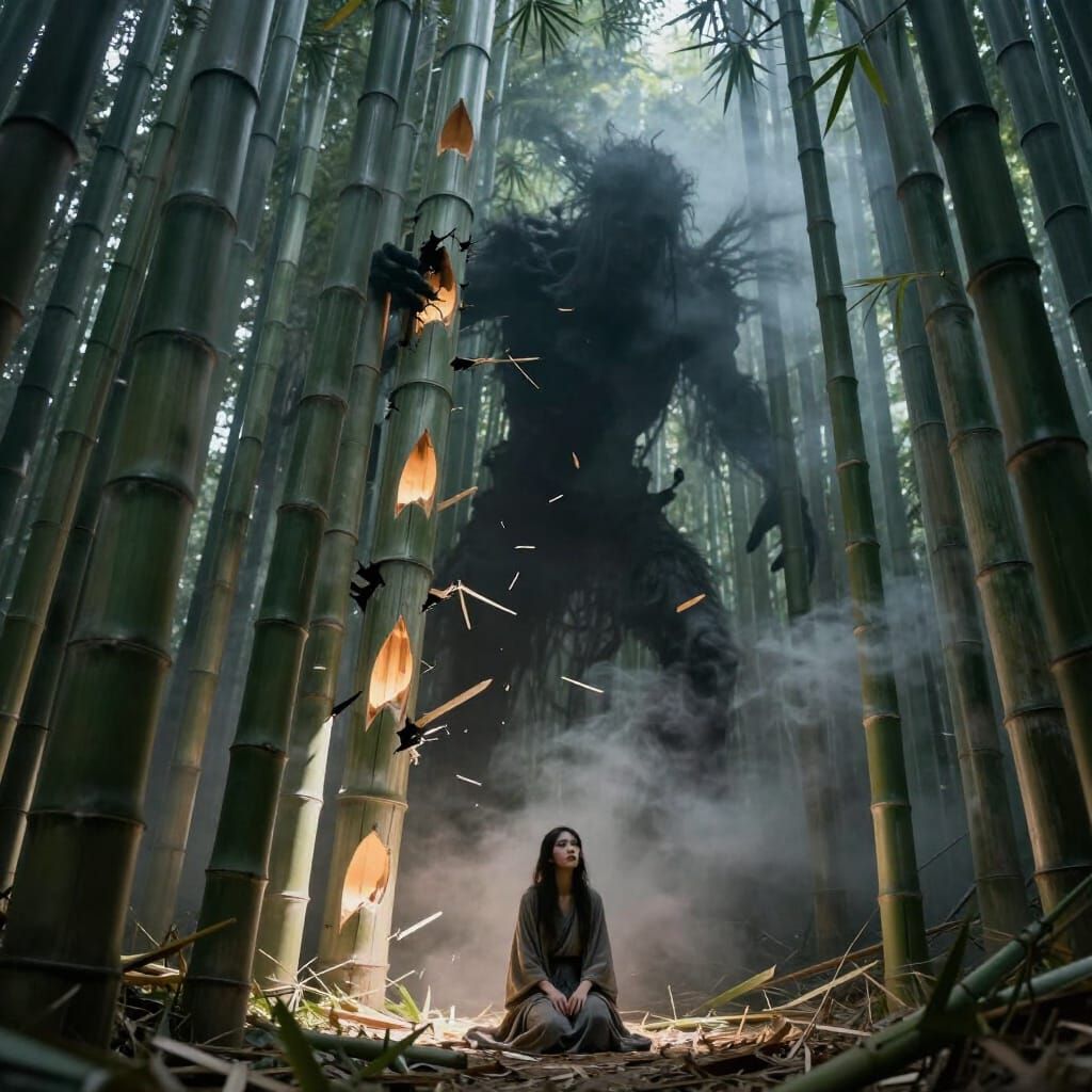 Living Bamboo Structure with Shadow Spirit and Woman