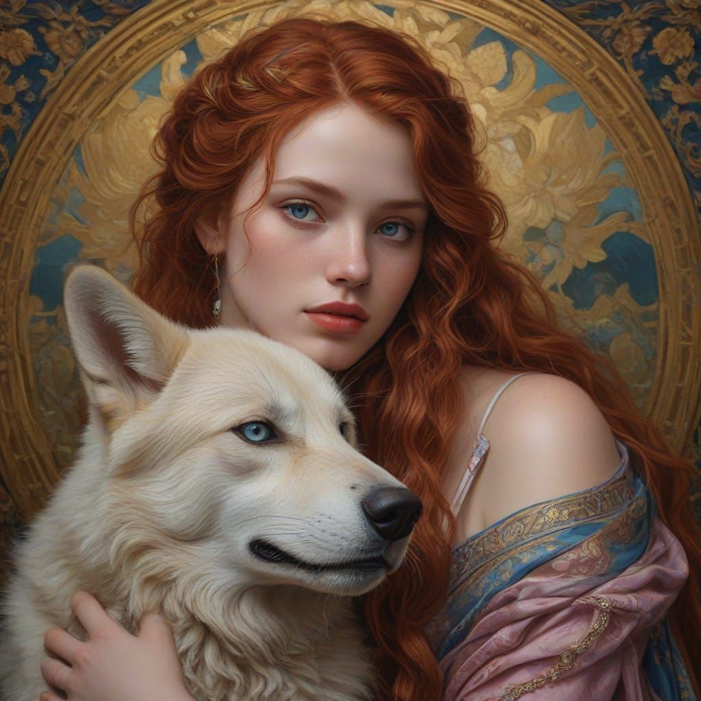 Ethereal Byzantine Beauty Hugs Her Faithful Wolf Companion