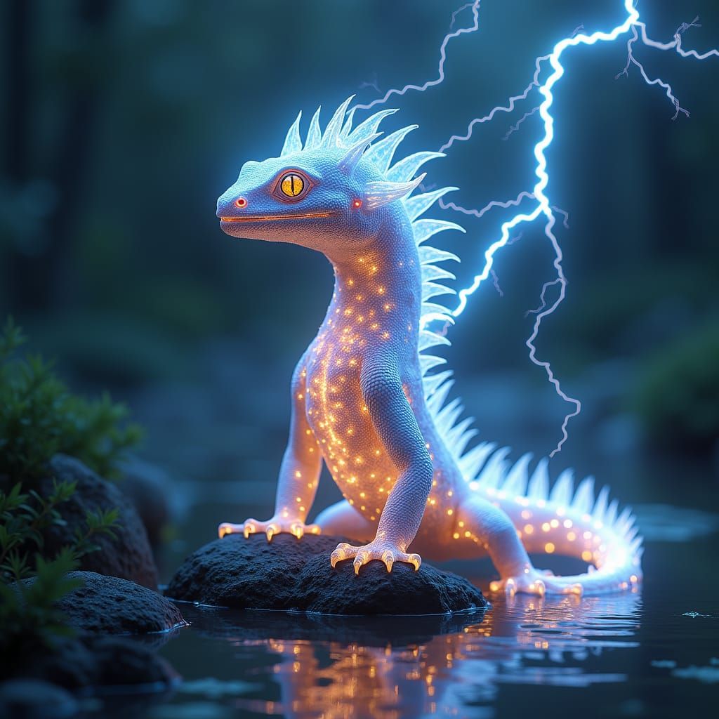 Lightning Salamander on a Rock by a Pond