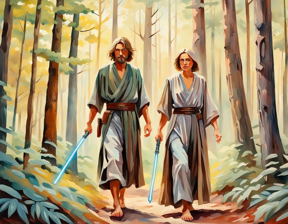 Jedi in Forest: Gouache Watercolor Impressionist Painting