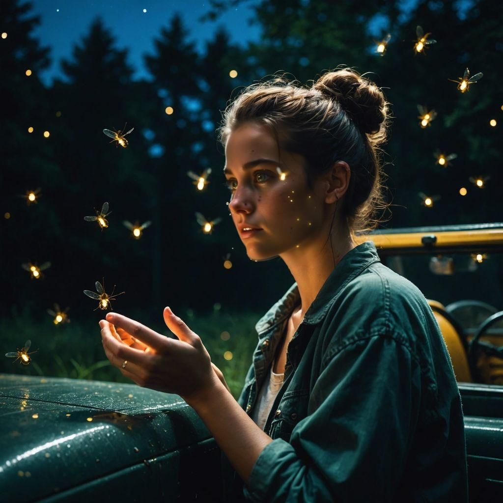 Firefly Night: Woman and Swarm in Jeep