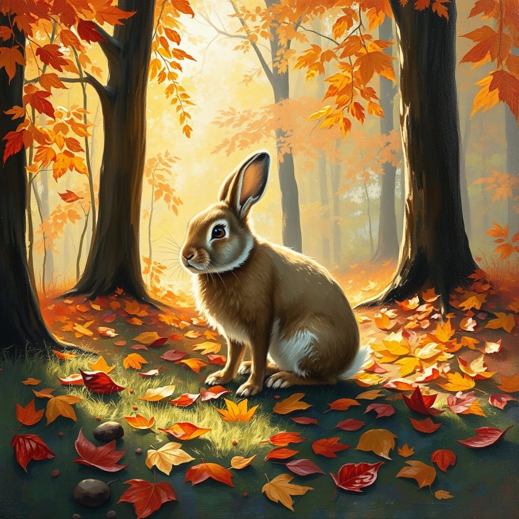 Fluffy Rabbit in Sunlit Autumn Forest Oil Painting