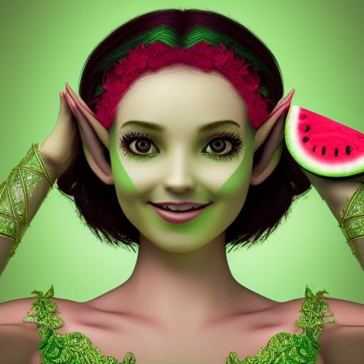 Watermelon Elf Portrait in Hyperdetailed Style