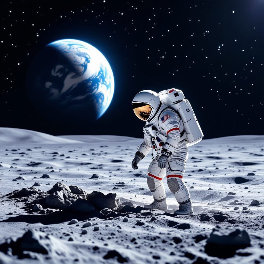 Astronaut Gathers Moon Rocks With Earth in Background