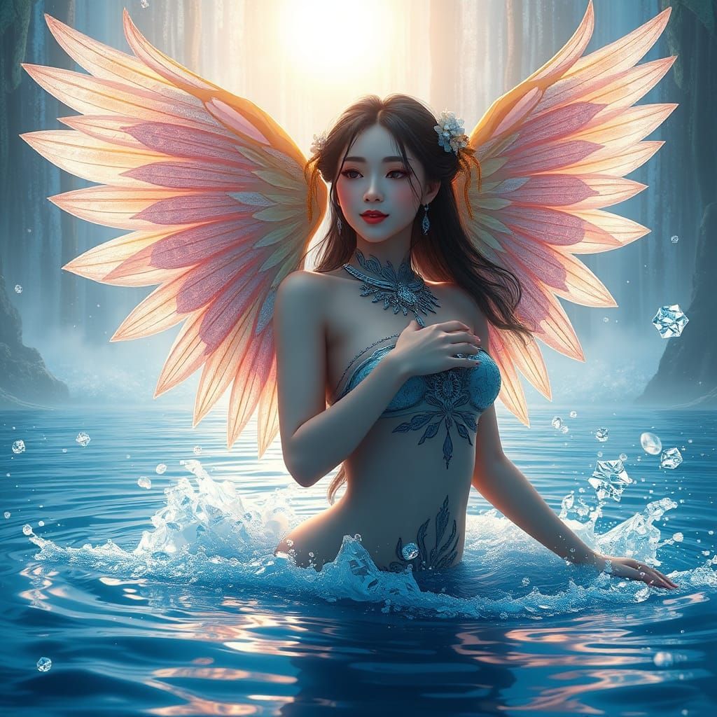 Kinnaree with Angel Wings in Diamond Waterfall