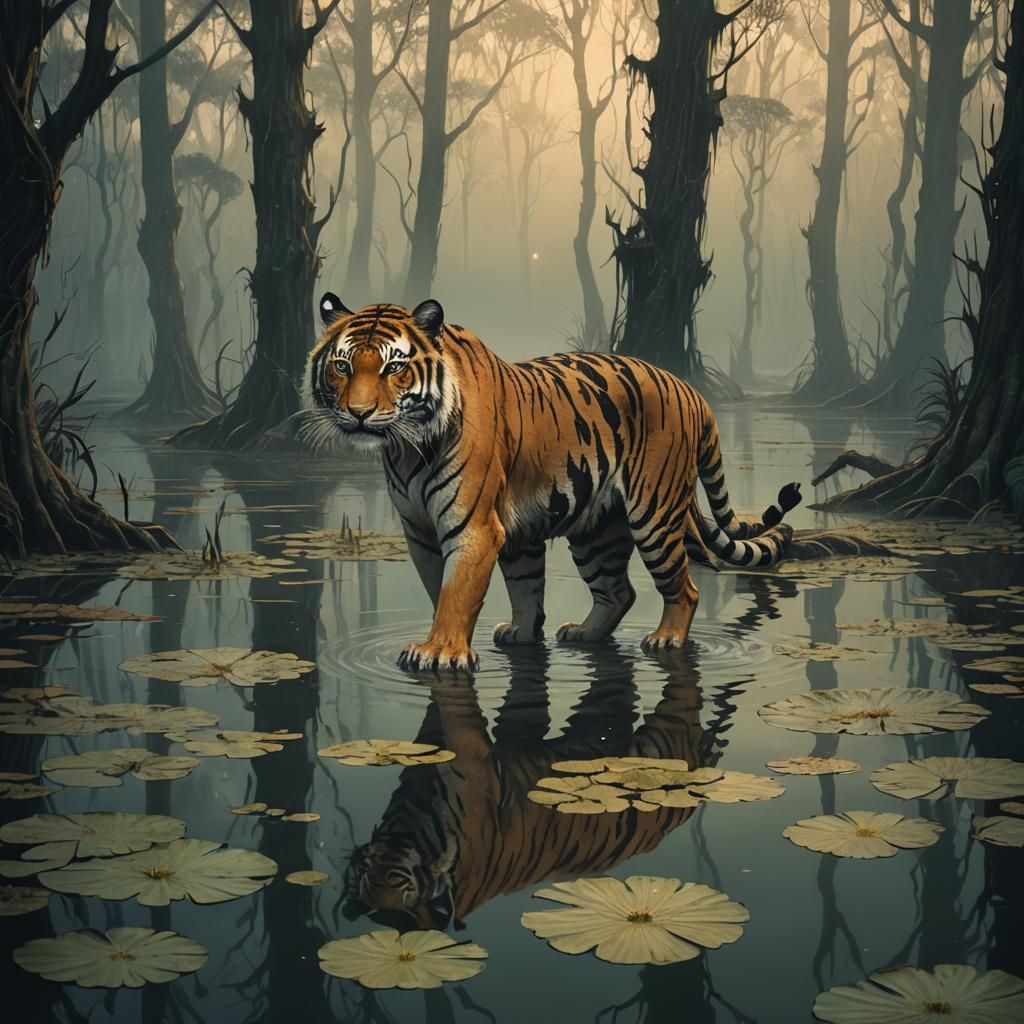Tiger Wades Through Swamp in Dark Fantasy Illustration