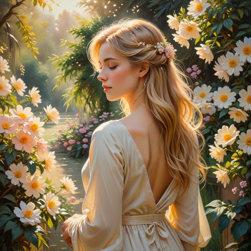 Romantic Oil Painting of a Serene Woman in a Garden