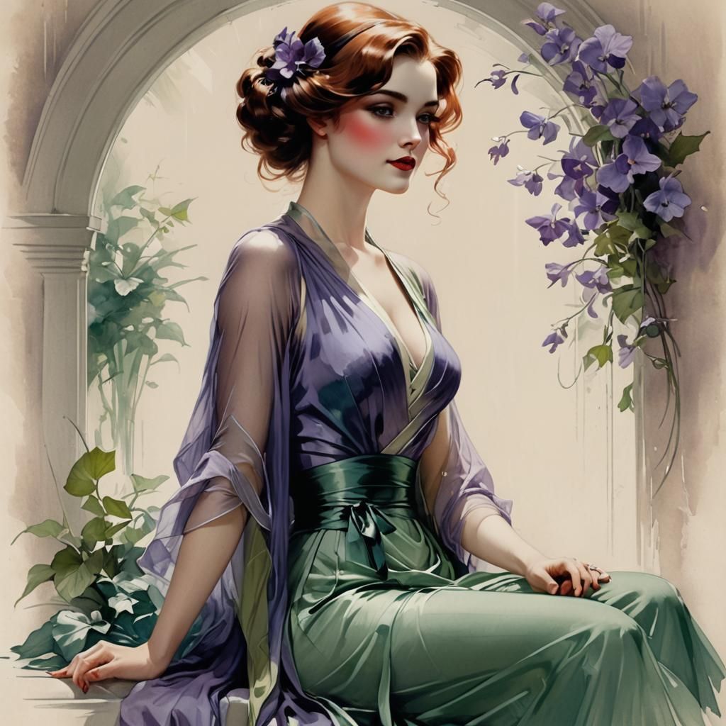 Stunning Redhead in Emerald Dress by Window