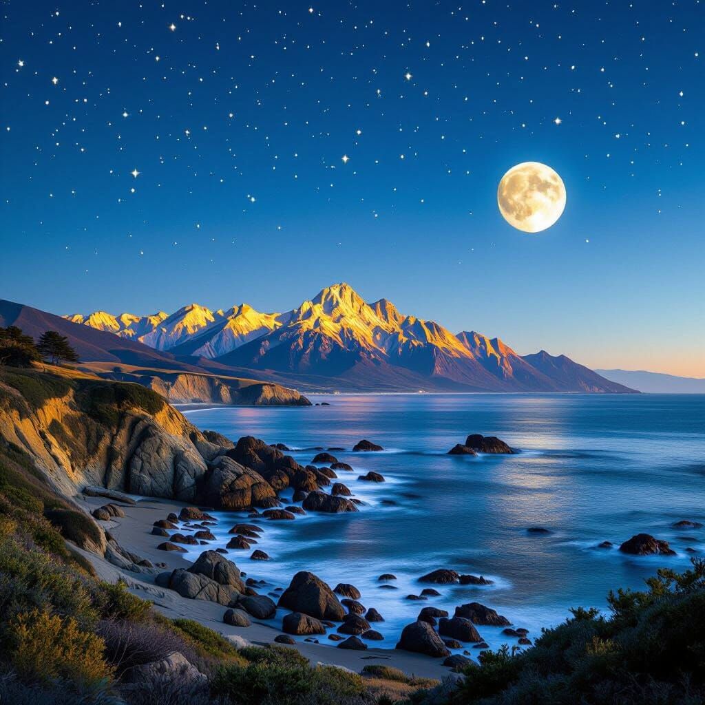 California Golden Mountains Under a Blue Moon