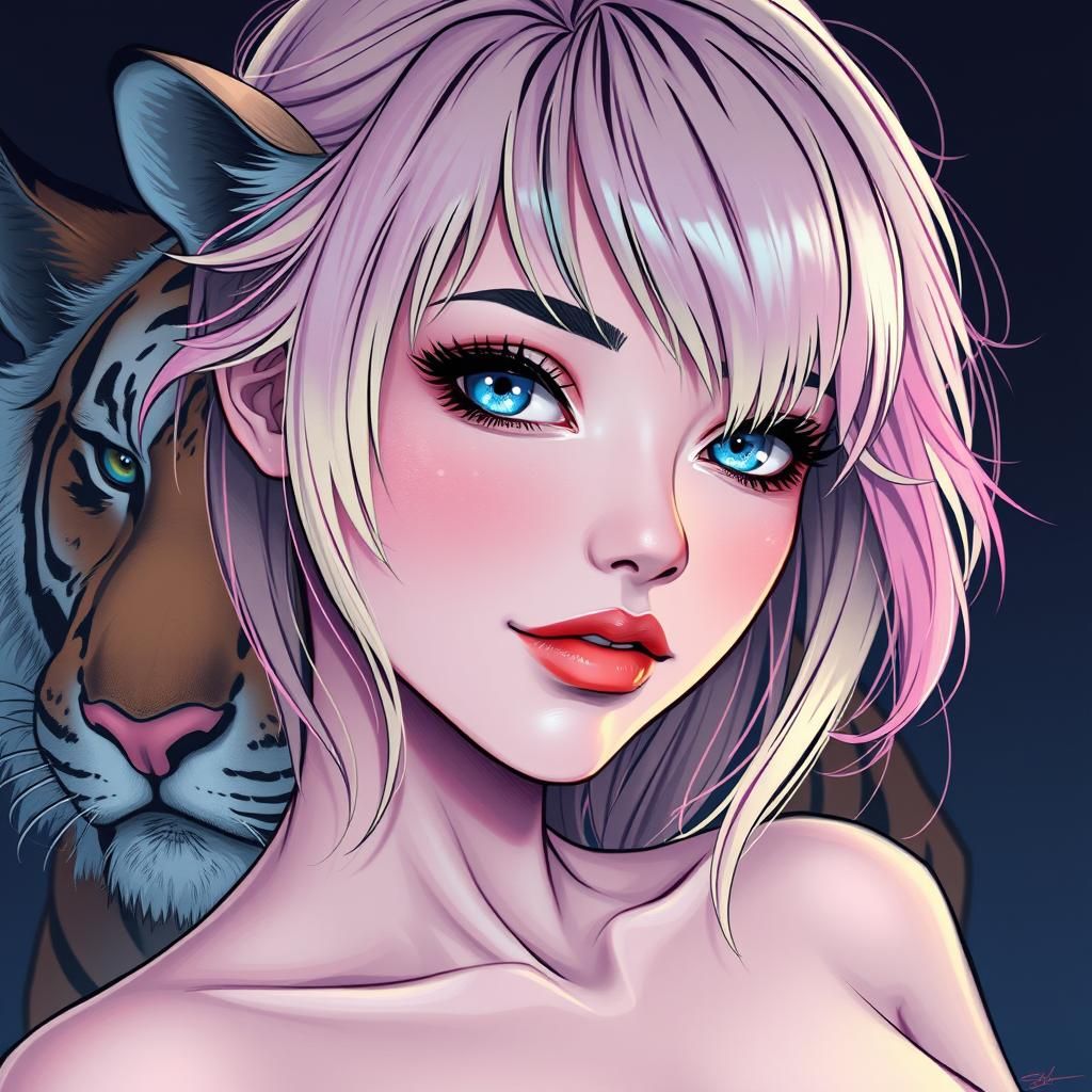 Anime Girl with Anamorphic Tiger in Manga Style