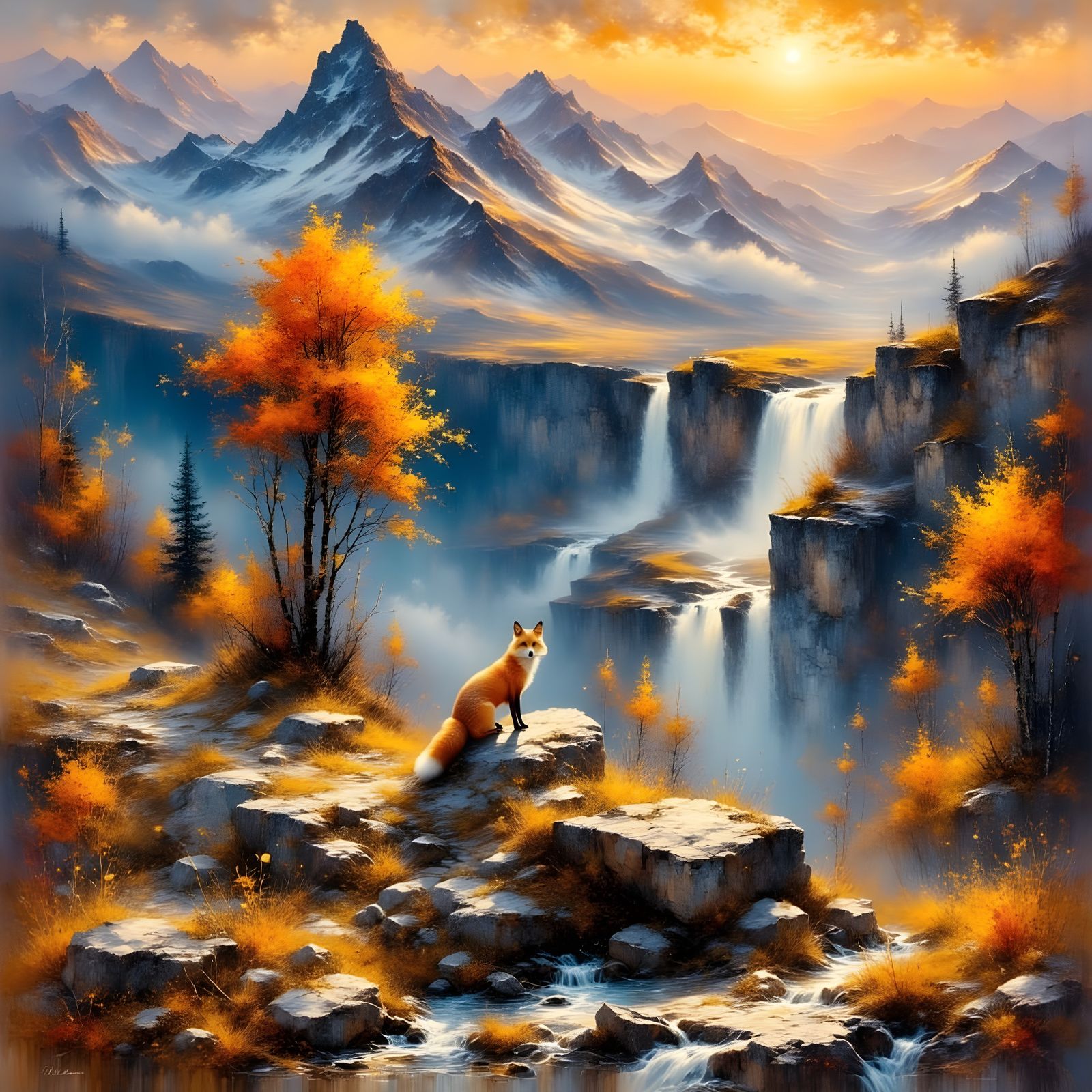 Arctic Fox Overlooking Valley: Vibrant Oil Painting