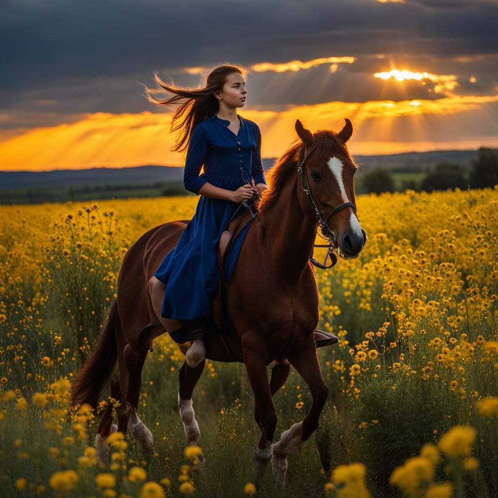 Girl on Yellow Horse Rides Into Sunset