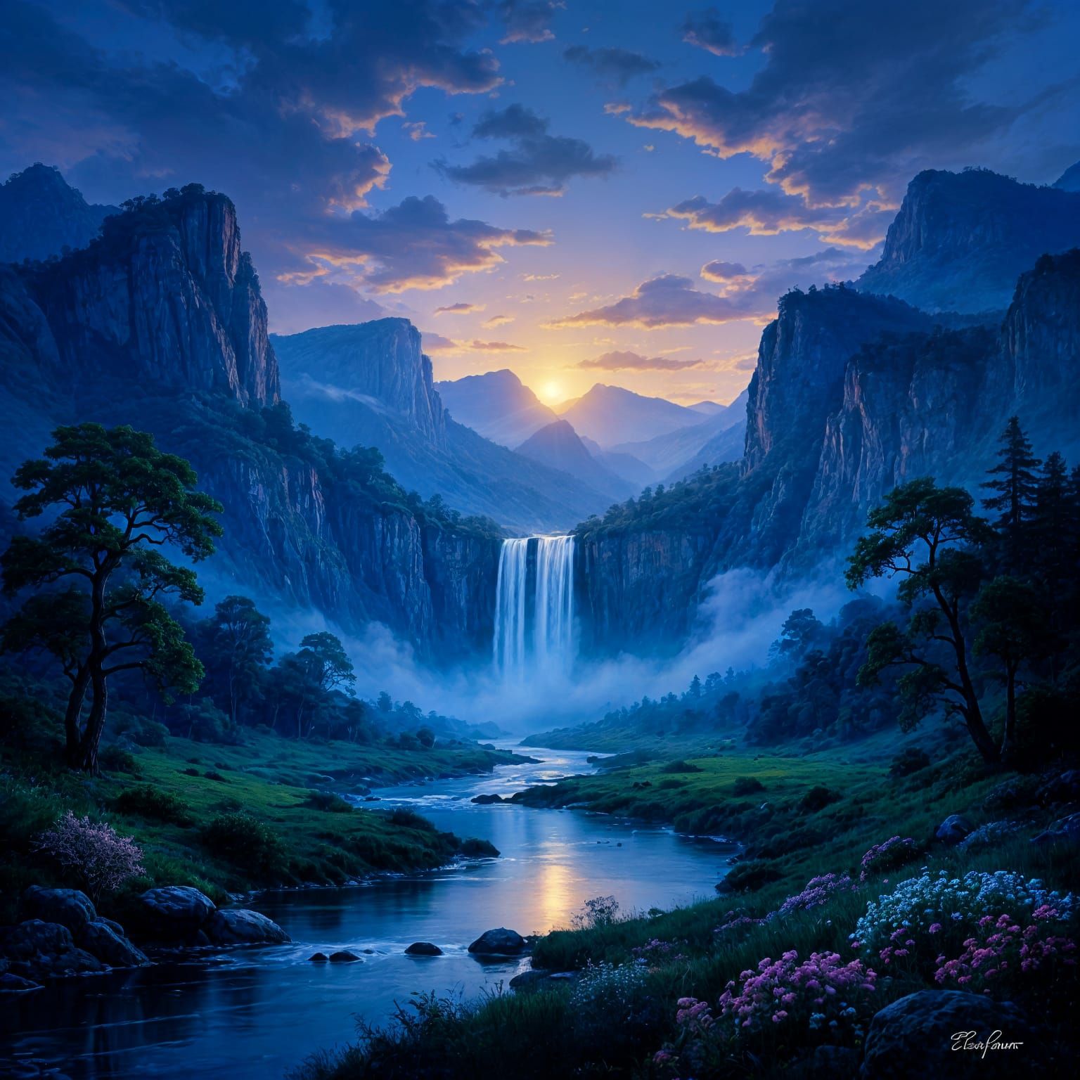 Majestic Valley at Twilight Oil Painting with Waterfall