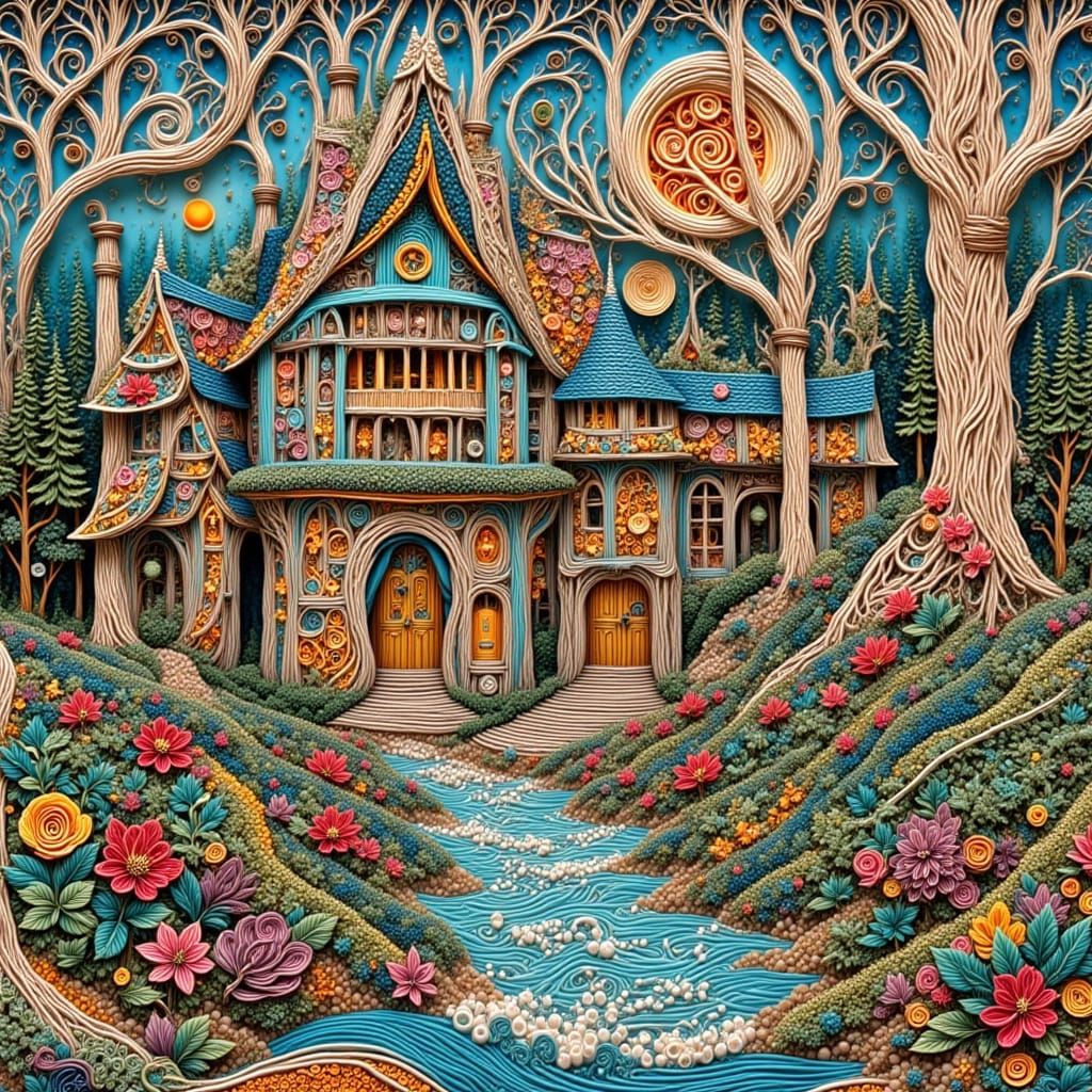 Intricate Elf Village in Woodland Trees in Zentangle Style