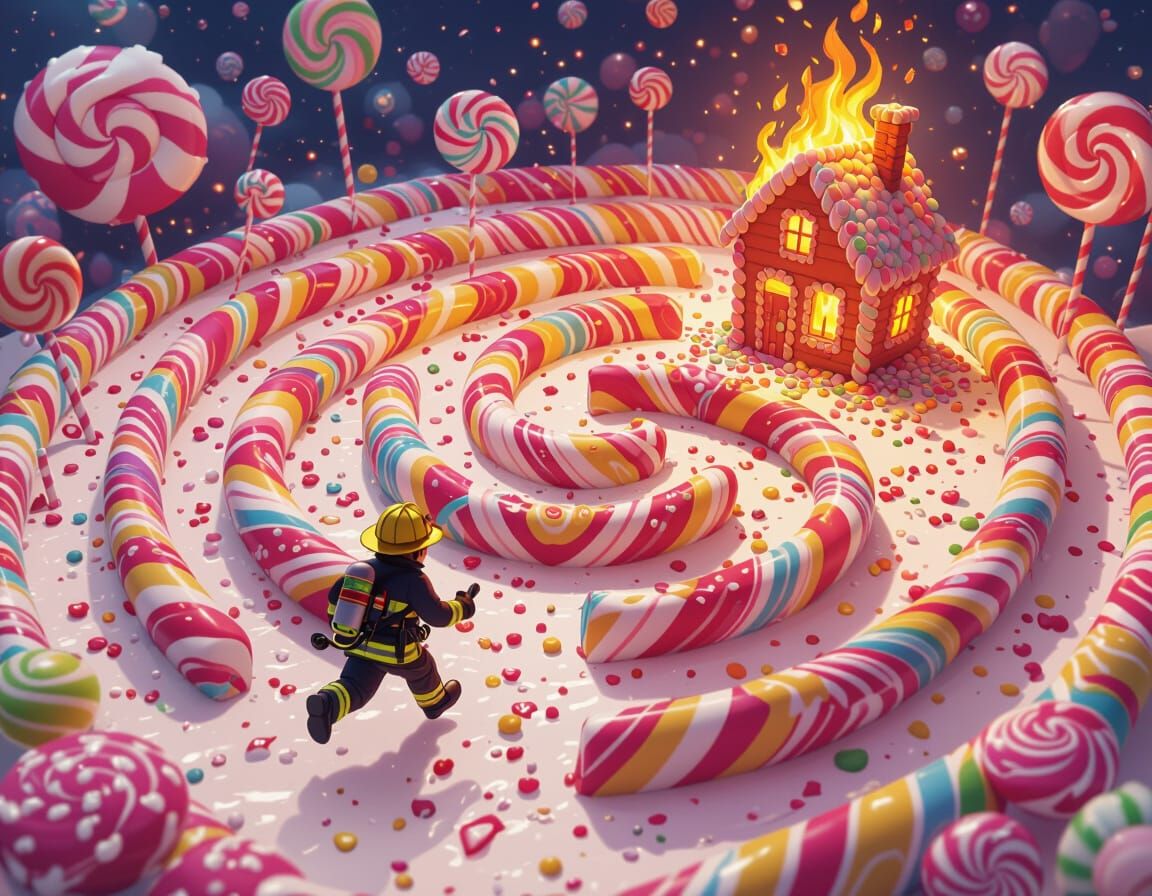 Candy Labyrinth With Fireman and Burning House