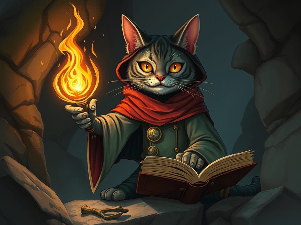 Whimsical Golem Cat Sorcerer in Storybook Style