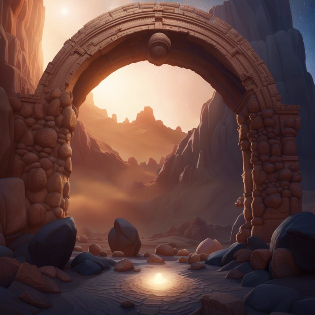 Romanesque arch in desert landscape with illuminated starry night sky detailed matte painting, deep color, fantastical, ...