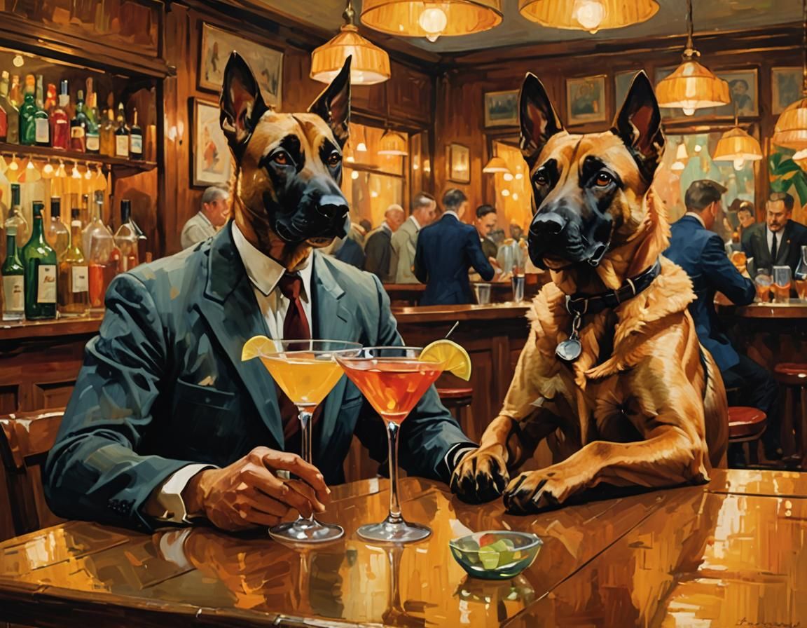 Belgian Malinois in Bar, Impressionist Oil Painting