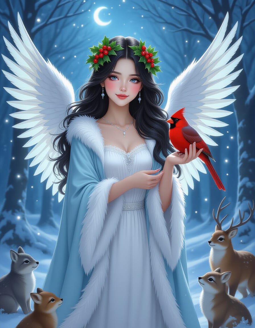 Christmas Angel with Cardinal in Moonlit Forest
