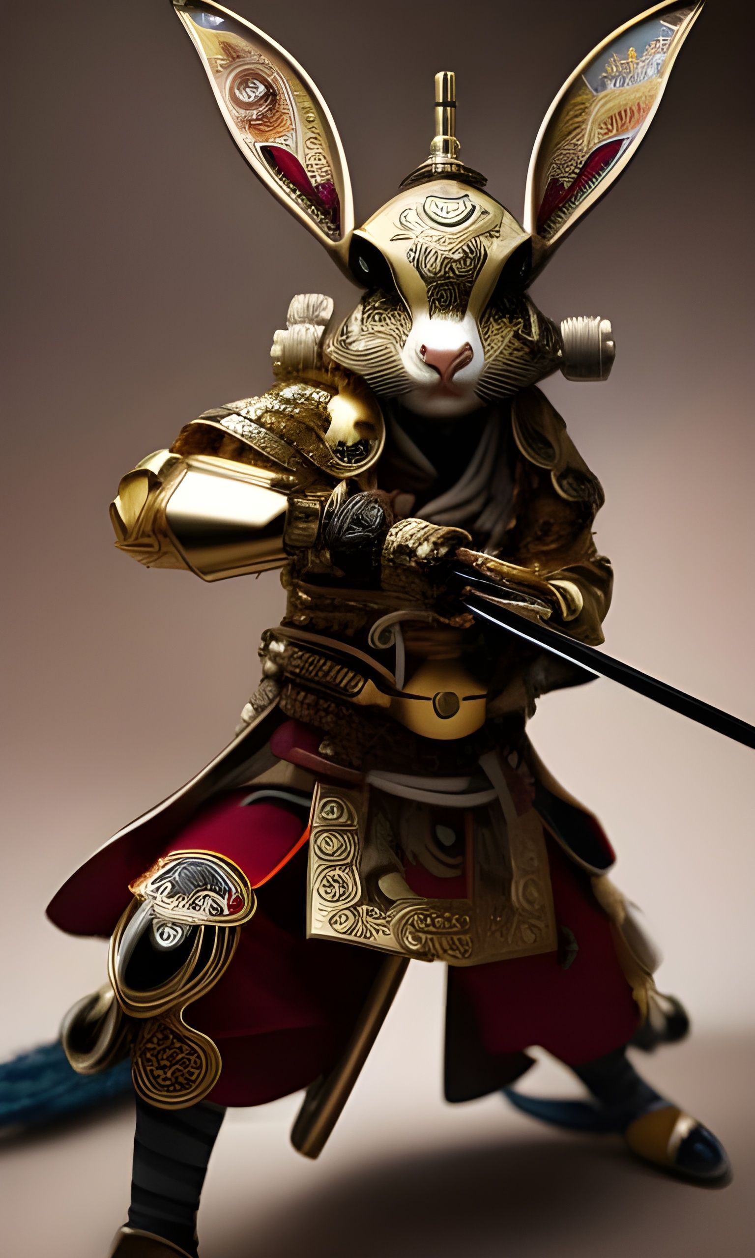 Armored Samurai Rabbit Leaping Forward, Detailed Digital Art