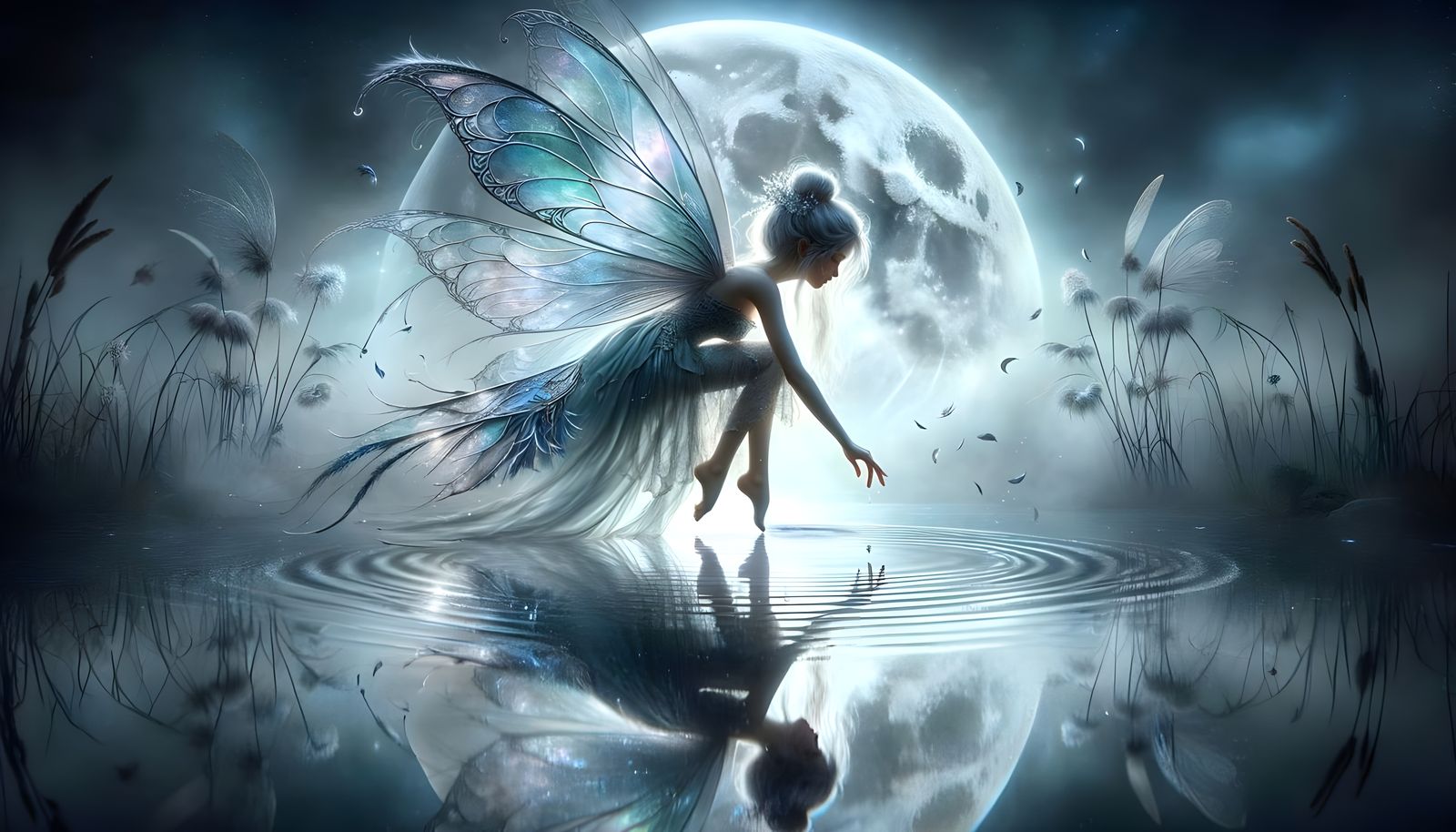 Fairy Touches Moonlit Pond, Creating Ripples