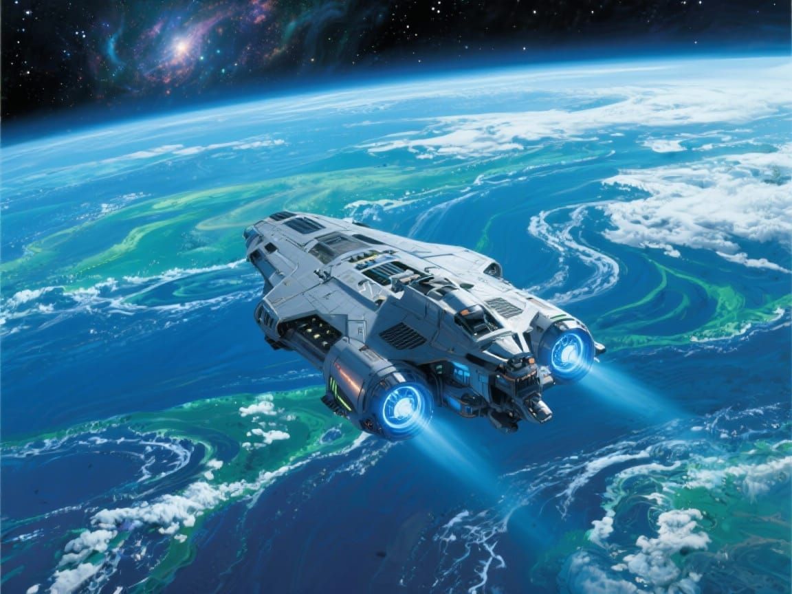 Futuristic Spaceship Approaches Swirling Ocean Planet