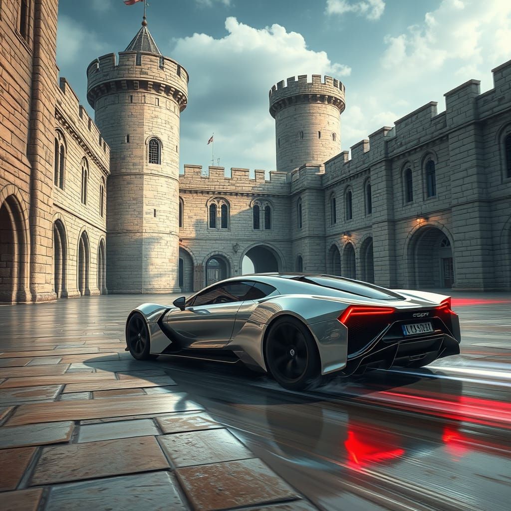 Cyberpunk Car Speeds Through Medieval Castle