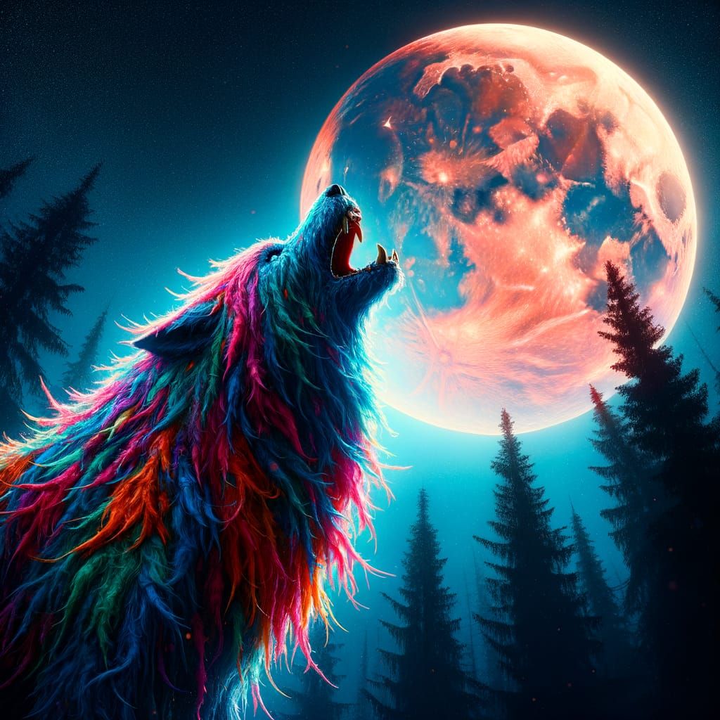 Rainbow Werewolf Howling at Full Moon