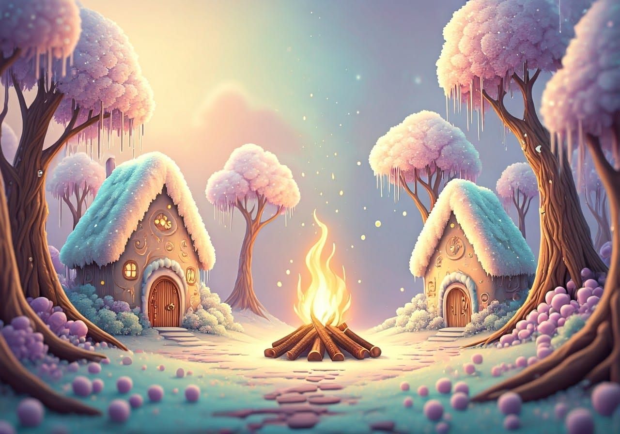 Marshmallow Village Bonfire in Soft Pastel Hues