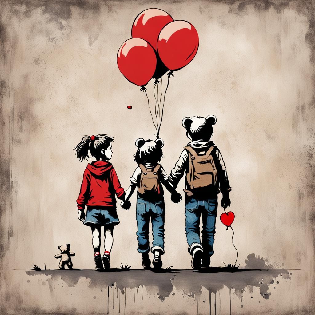 Boy and Girl with Balloon in Banksy Style