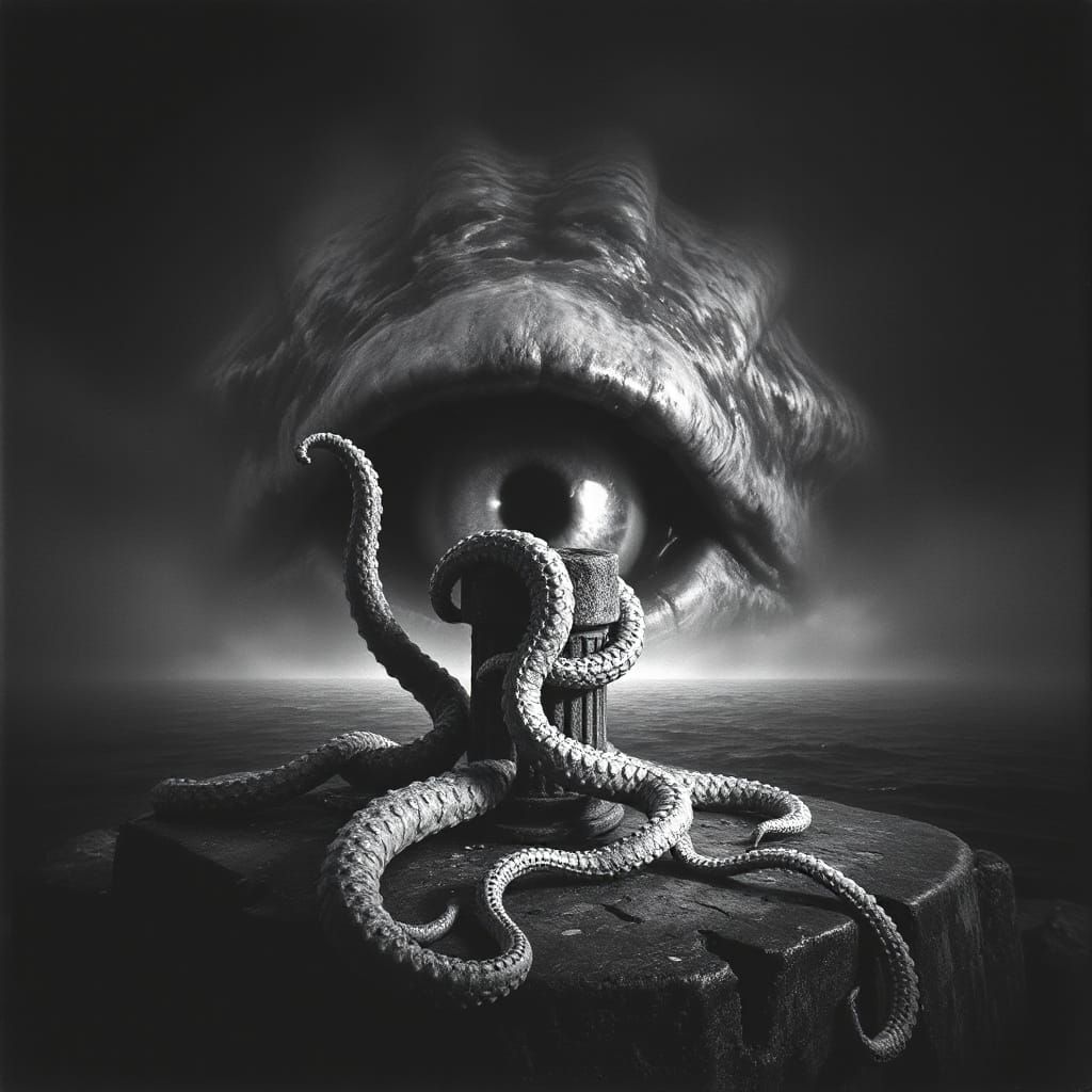 Cthulhu Eye Emerges: A Gritty Black and White Vision