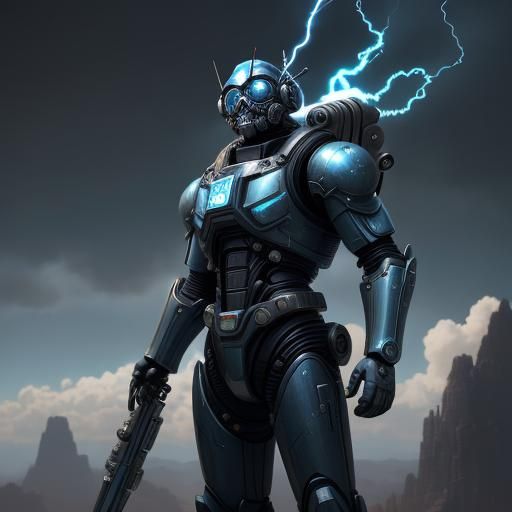 Retrofuturistic Power Armor Knight in Cloudy Sky