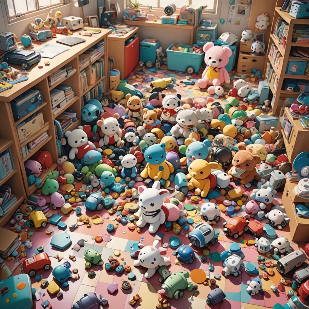Anime Style Toys Scattered on Colorful Floor