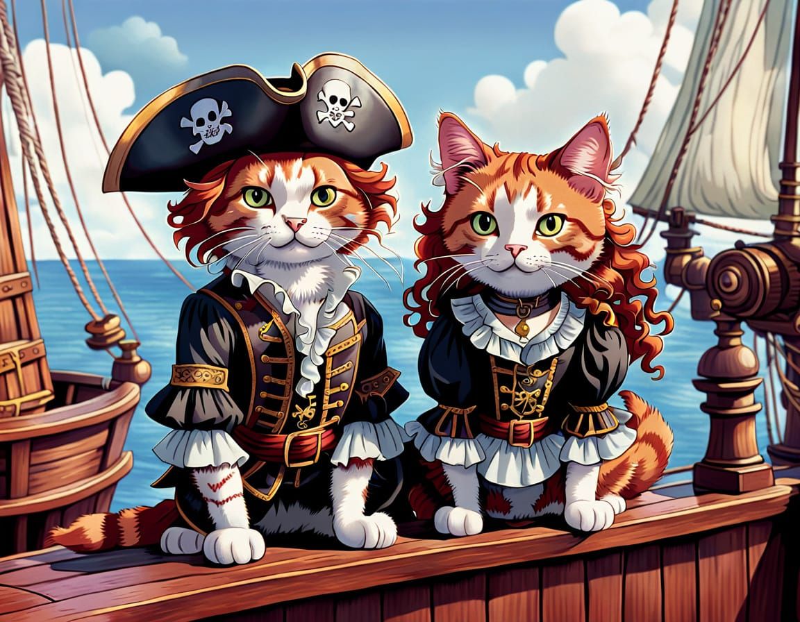 Whimsical Pirate Cats on a 17th Century Ship