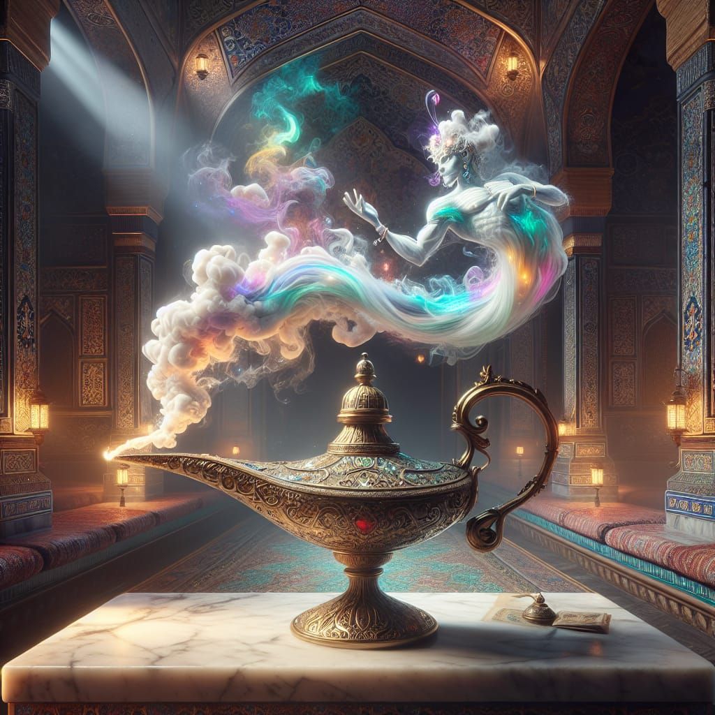 Genie Emerges from Lamp in Persian Temple