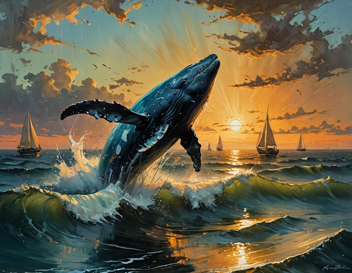 Iridescent Whale Leaps at Sunset: Oil Painting
