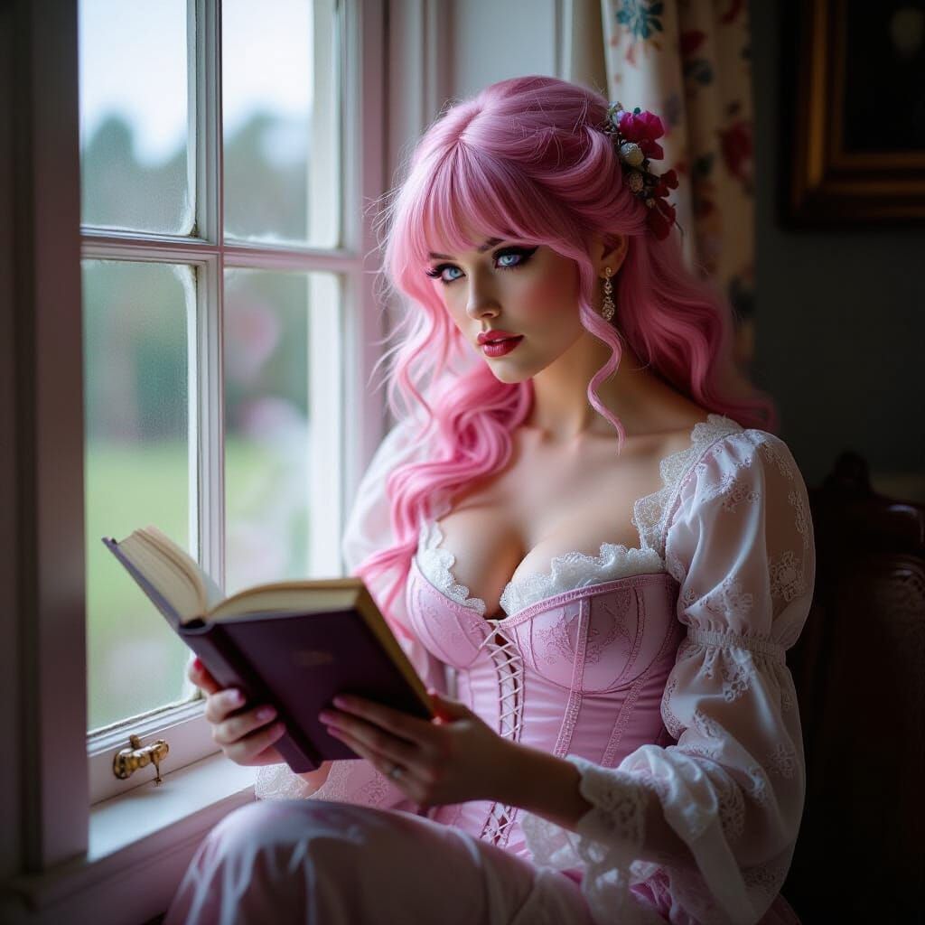 Pink Haired Woman Reading by Window in Cinematic Style