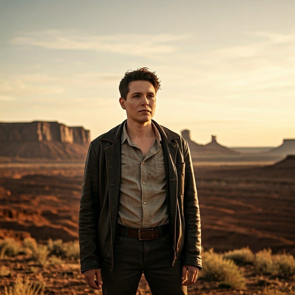 Heroic Figure in Golden Light: Cinematic Landscape