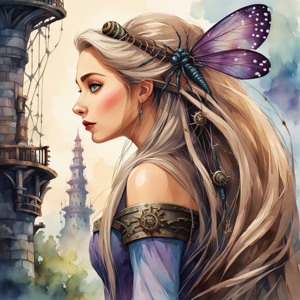 Rapunzel in Watercolor with Dragonflies and Gears