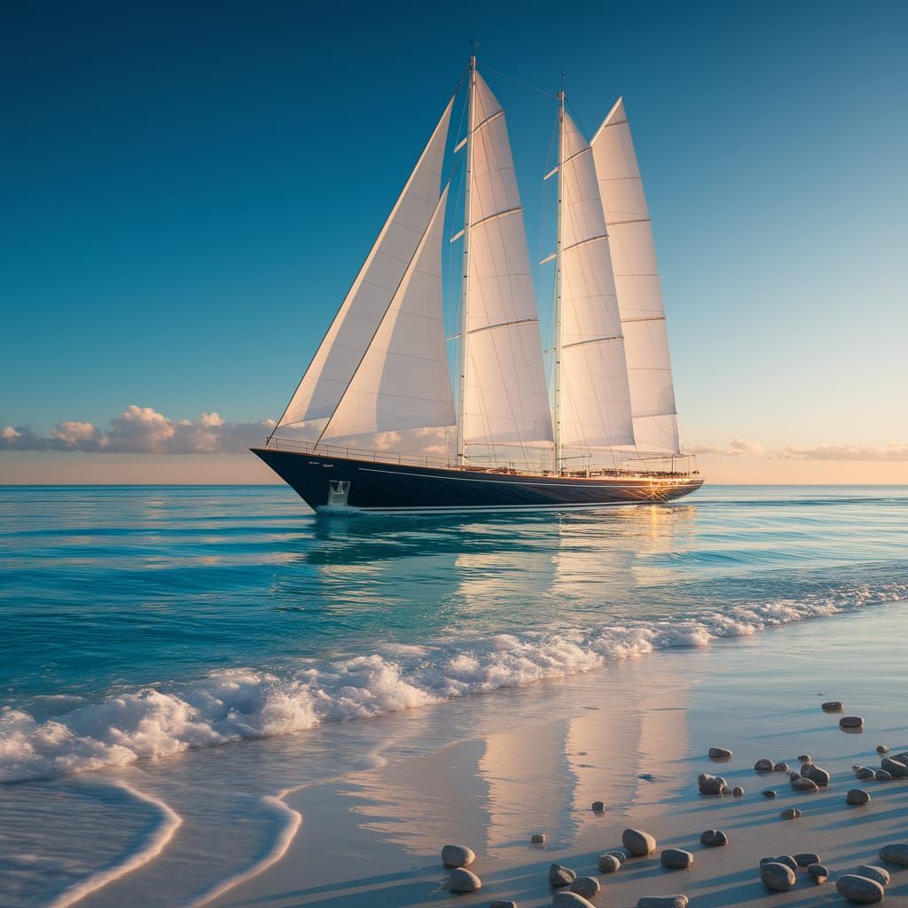 Majestic Sailing Yacht on Calm Turquoise Sea at Sunset