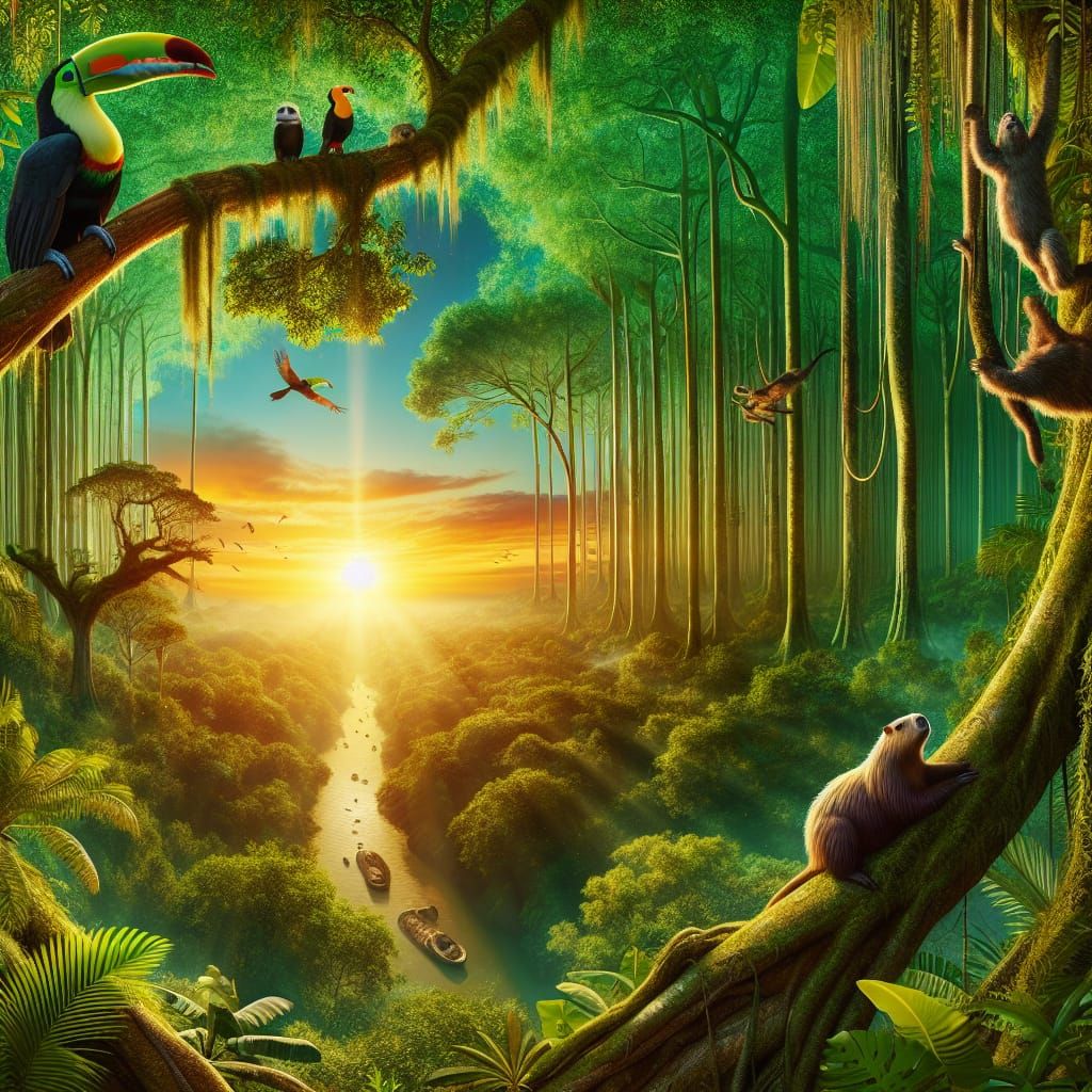 Lush Amazon Rainforest Scene with Exotic Wildlife