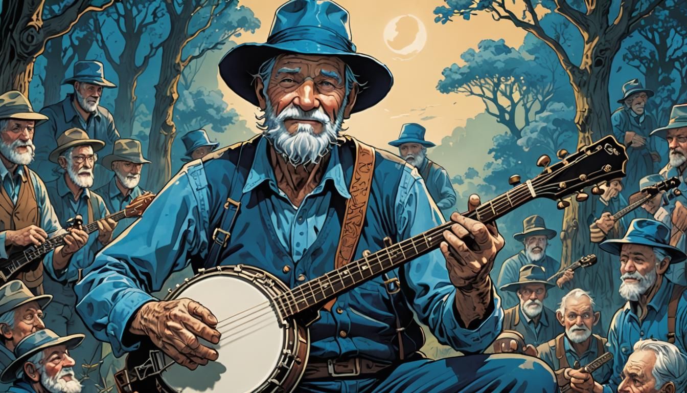 Blue Banjo Player in Comic Book Style