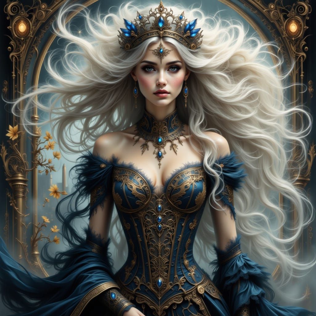 Attractive Sorceress with White Lion in Luis Royo Style