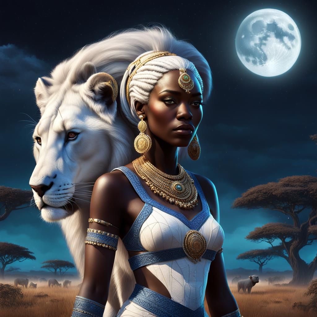 African Princess with White Lioness in Savannah