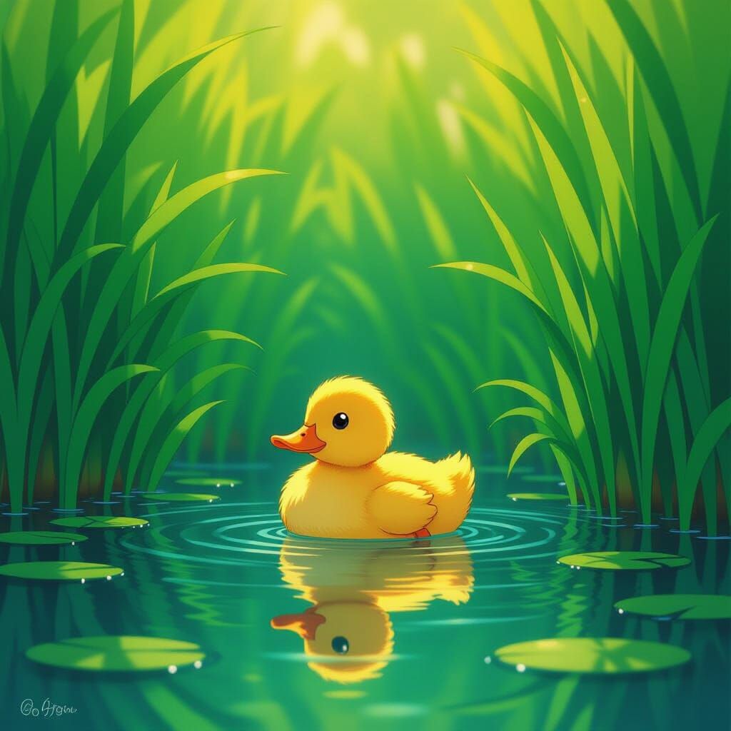 Duckling Emerges From Pond in Anime Style